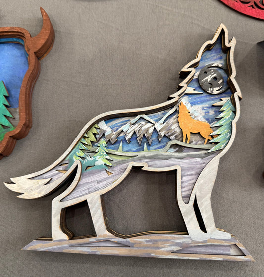 Layered Hand-painted Wood Wolf